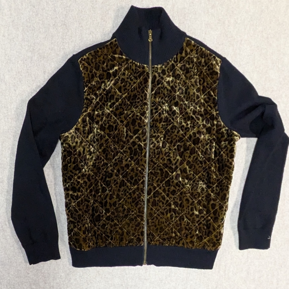 Ralph Lauren Black Knit Zip Up Quilted Silk Leopard Print Velvet Front Sz Large